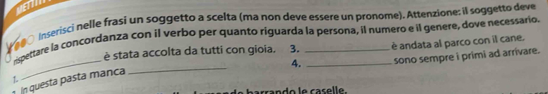 VETTIN 
Y000 Inserisci nelle frasi un soggetto a scelta (ma non deve essere un pronome). Attenzione: il soggetto deve 
rispettare la concordanza con il verbo per quanto riguarda la persona, il numero e il genere, dove necessario. 
è andata al parco con il cane. 
_ 
è stata accolta da tutti con gioia. 3. 
_ 
4. 
sono sempre i primi ad arrivare. 
1 Ín questa pasta manca