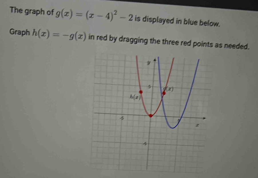 The graph of g(x)=(x-4)^2-2 is displayed in blue below.
Graph h(x)=-g(x) in red by dragging the three red points as needed.