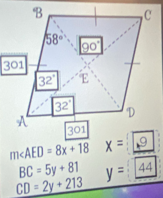 BC=5y+81 y= 44
CD=2y+213