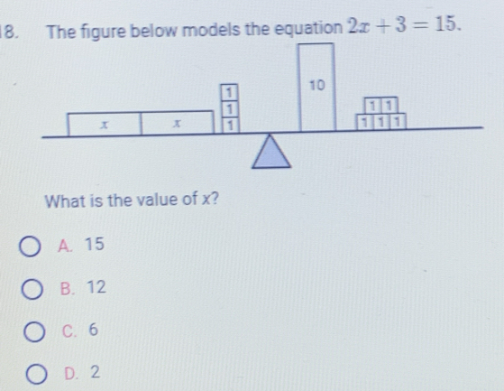 2x+3=15. 
What is the value of x?
A. 15
B. 12
C. 6
D. 2