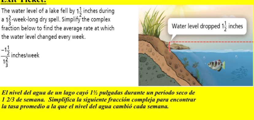 Exit Ficket.
The water level of a lake fell by 1 1/2  inches during
a 1 2/3  -week-long dry spell. Simplify the complex
fraction below to find the average rate at which
the water level changed every week.
frac -1 1/2 1 2/3  inches/week
El nivel del agua de un lago cayó 1½ pulgadas durante un período seco de
1 2/3 de semana. Simplifica la siguiente fracción compleja para encontrar
la tasa promedio a la que el nivel del agua cambió cada semana.