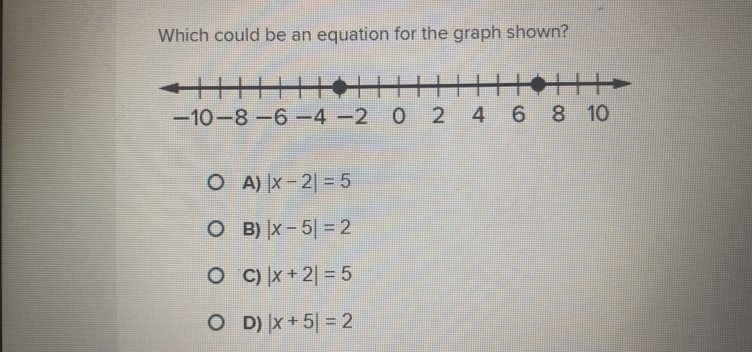 Which could be an equation for the graph shown?
A) |x-2|=5
B) |x-5|=2
C) |x+2|=5
D) |x+5|=2