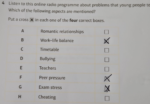 Listen to this online radio programme about problems that young people to 
Which of the following aspects are mentioned? 
Put a cross × in each one of the four correct boxes.