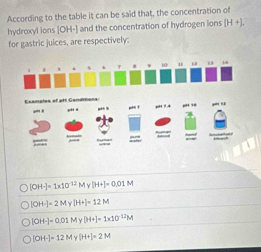 According to the table it can be said that, the concentration of
hydroxyl ions [OH-] and the concentration of hydrogen ions [H+], 
for gastric juices, are respectively:
24
[OH-]=1* 10^(-12)M y [H+]=0,01M
[OH-]=2M y [H+]=12M
[OH-]=0,01M y [H+]=1* 10^(-12)M
[OH-]=12M y [H+]=2M