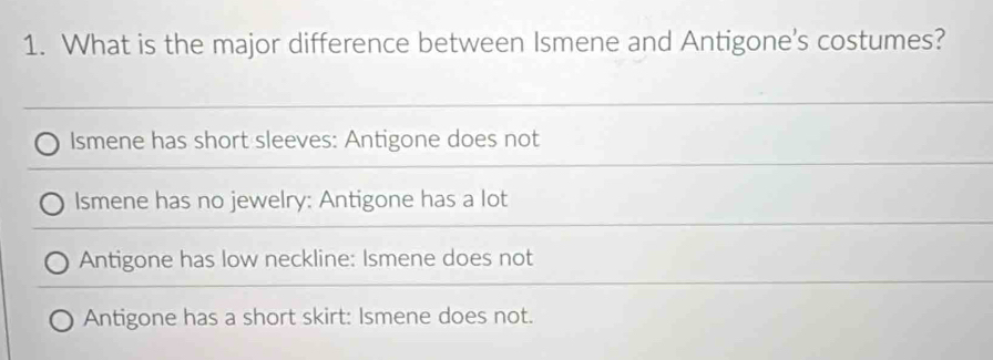 What is the major difference between Ismene and Antigone's costumes?
Ismene has short sleeves: Antigone does not
Ismene has no jewelry: Antigone has a lot
Antigone has low neckline: Ismene does not
Antigone has a short skirt: Ismene does not.