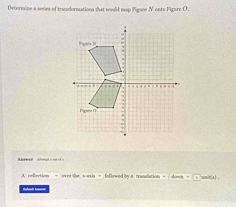 Determine a series of transformations that would map Figure N onto Figure O. 
Answer Attempt a out of 2 
A reflection over the x-axis √ followed by a translation down | unit(s) . 
Submit Answer