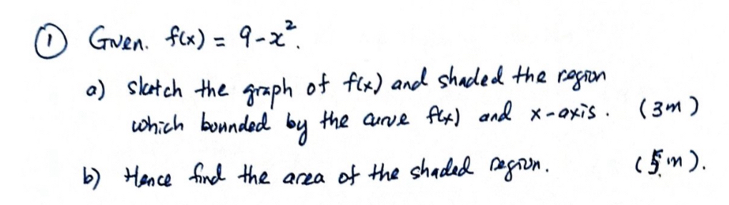 ① Gven. f(x)=9-x^2. 
a) slatch the graph of f(x) and shaded the region 
which bounded by the curve f(x) and x-axis. (3m) 
b) tence find the area of the shaded region. 5m.