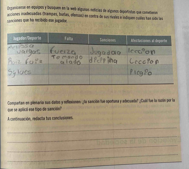 Organícense en equipos y busquen en la web algunas noticias de algunos deportistas que cometieron 
acciones inadecuadas (trampas, burlas, ofensas) en contra de sus rivales e indiquen cuáles han sido las 
sanciones que ha recibido ese jugador. 
Compartan en plenaria sus datos y reflexionen: ¿la sanción fue oportuna y adecuada? ¿Cuál fue la razón por la 
que se aplicó ese tipo de sanción? 
A continuación, redacta tus conclusiones. 
_ 
_ 
_ 
_ 
_