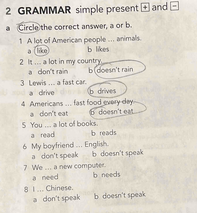 GRAMMAR simple present + and -
a Circle the correct answer, a or b.
1 A lot of American people ... animals.
a (like b likes
2 It ... a lot in my country.
a don't rain b doesn't rain
3 Lewis .. a fast car.
a drive b drives
4 Americans ... fast food every day.
a don't eat b doesn’t eat
5 You .._ a lot of books.
a read b reads
6 My boyfriend ... English.
a don’t speak b doesn't speak
7 We ... a new computer.
a need b needs
8 I ... Chinese.
a don't speak b doesn't speak