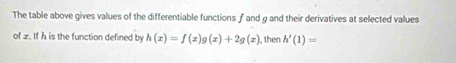 The table above gives values of the differentiable functions f and g and their derivatives at selected values 
of x. If h is the function defined by h(x)=f(x)g(x)+2g(x) , then h'(1)=