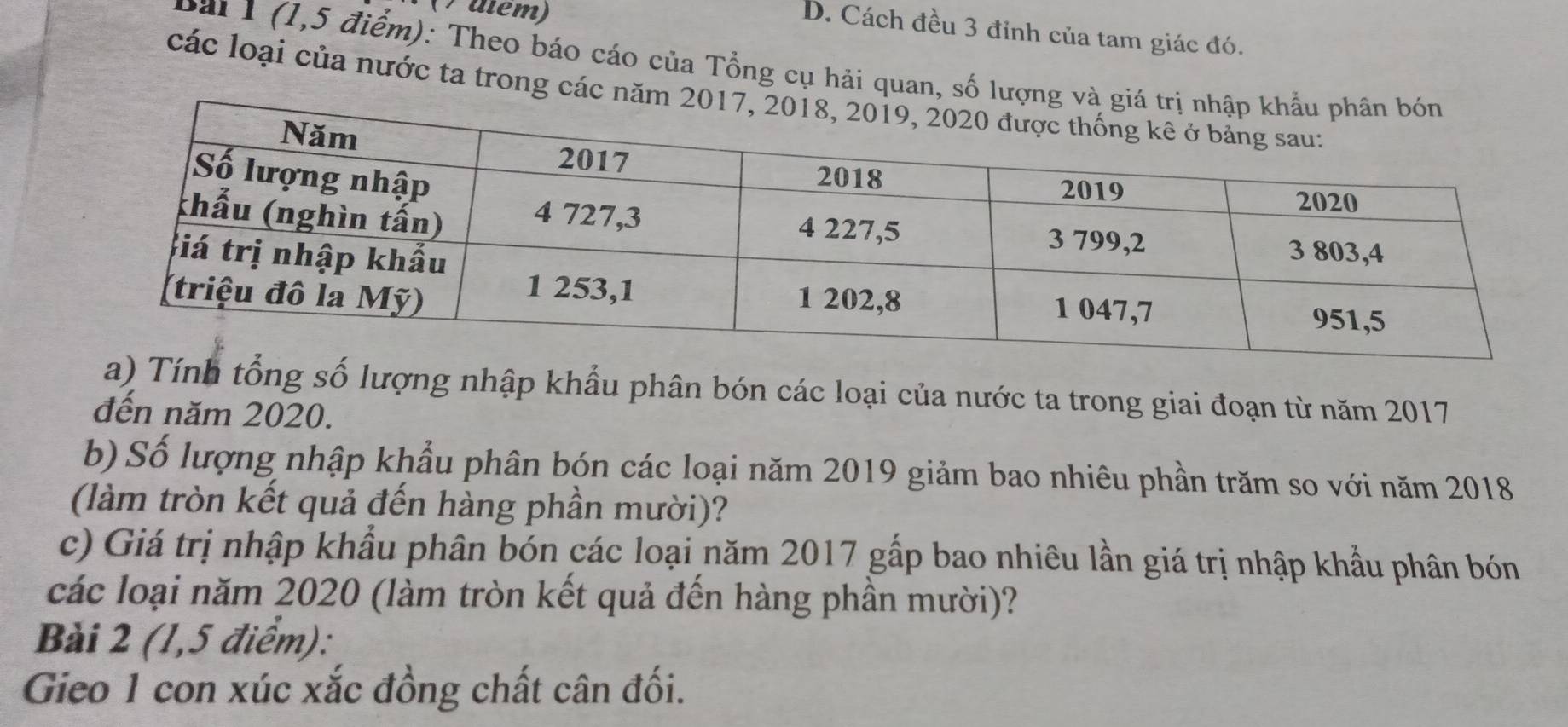 (7 utém)
D. Cách đều 3 đỉnh của tam giác đó.
Bai 1 (1,5 điểm): Theo báo cáo của Tổng cụ hải quan, số lượng 
các loại của nước ta trong các nă
a) Tính tổng số lượng nhập khẩu phân bón các loại của nước ta trong giai đoạn từ năm 2017
đến năm 2020.
b) Số lượng nhập khẩu phân bón các loại năm 2019 giảm bao nhiêu phần trăm so với năm 2018
(làm tròn kết quả đến hàng phần mười)?
c) Giá trị nhập khẩu phân bón các loại năm 2017 gắp bao nhiêu lần giá trị nhập khẩu phân bón
các loại năm 2020 (làm tròn kết quả đến hàng phần mười)?
Bài 2 (1,5 điểm):
Gieo 1 con xúc xắc đồng chất cân đối.