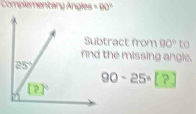 a ary Ángles =80°
tract from 90° 6
the missing angle.
90 - 25= [ ? ]