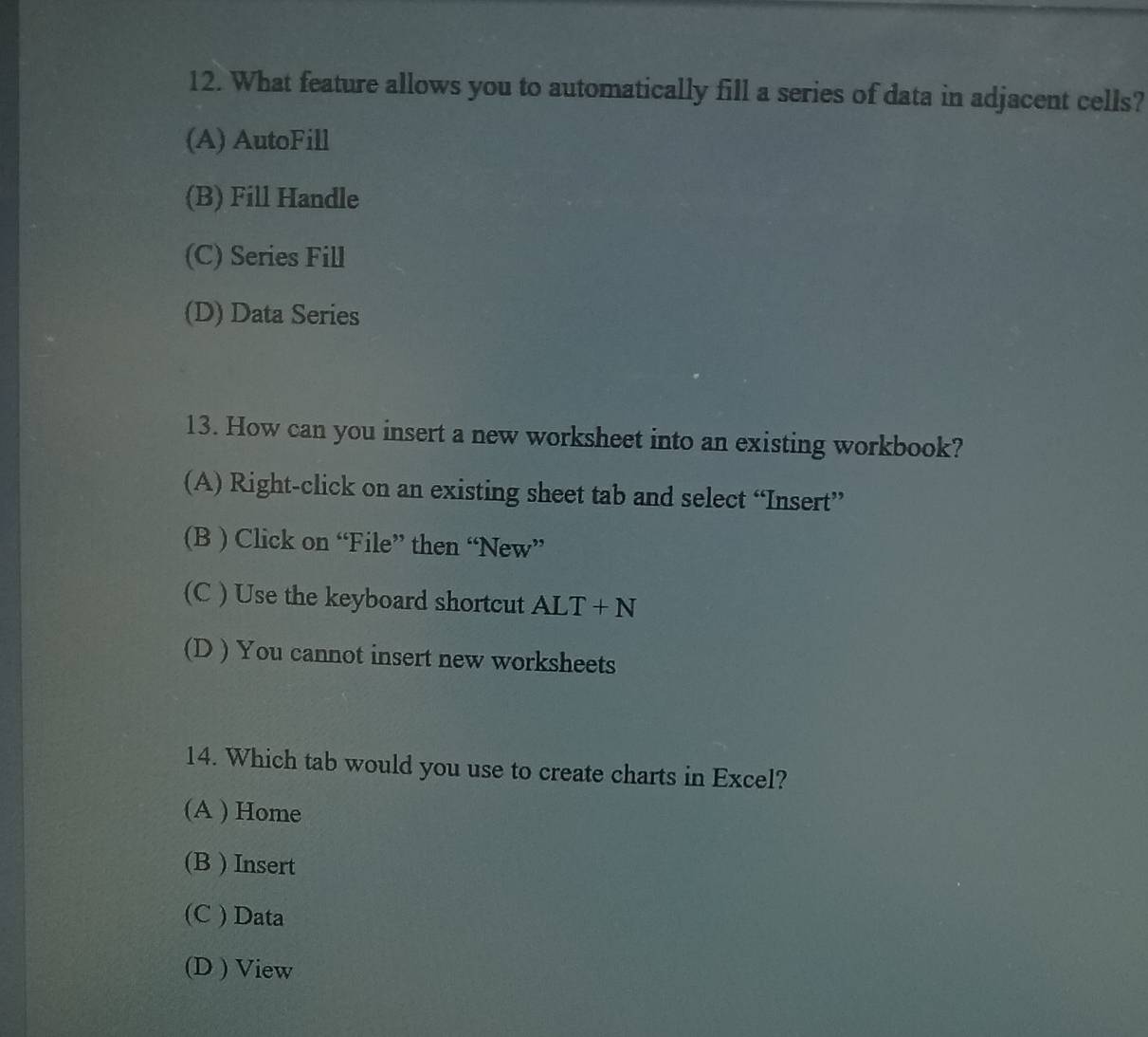 What feature allows you to automatically fill a series of data in adjacent cells?
(A) AutoFill
(B) Fill Handle
(C) Series Fill
(D) Data Series
13. How can you insert a new worksheet into an existing workbook?
(A) Right-click on an existing sheet tab and select “Insert”
(B ) Click on “File” then “New”
(C ) Use the keyboard shortcut ALT+N
(D ) You cannot insert new worksheets
14. Which tab would you use to create charts in Excel?
(A ) Home
(B ) Insert
(C ) Data
(D ) View