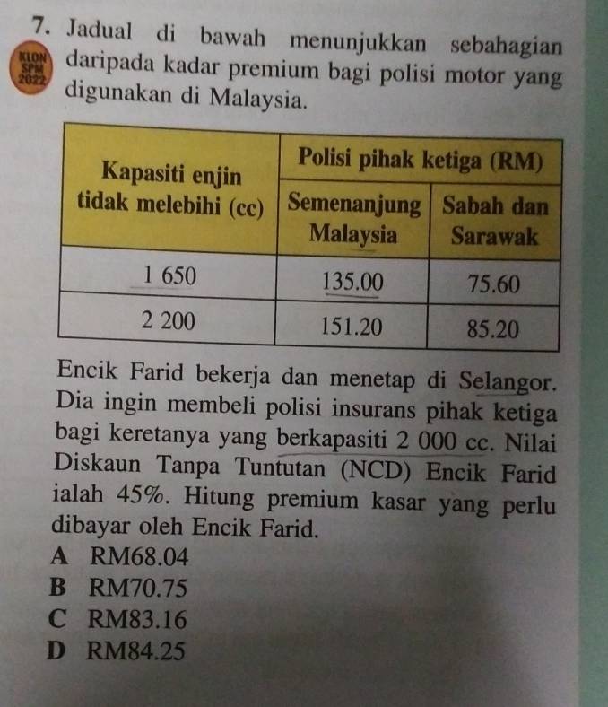 Jadual di bawah menunjukkan sebahagian
KLON daripada kadar premium bagi polisi motor yang
SPM
2022 digunakan di Malaysia.
Encik Farid bekerja dan menetap di Selangor.
Dia ingin membeli polisi insurans pihak ketiga
bagi keretanya yang berkapasiti 2 000 cc. Nilai
Diskaun Tanpa Tuntutan (NCD) Encik Farid
ialah 45%. Hitung premium kasar yang perlu
dibayar oleh Encik Farid.
A RM68.04
B RM70.75
C RM83.16
D RM84.25