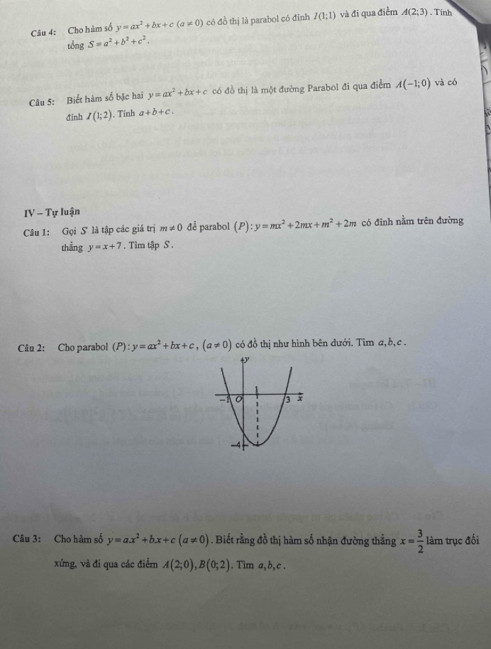 Cho hàm số y=ax^2+bx+c(a!= 0) có đồ thị là parabol có đỉnh I(1;1) và đi qua điểm A(2;3). Tinh
tingS=a^2+b^2+c^2. 
Câu 5: Biết hàm số bậc hai y=ax^2+bx+c có đồ thị là một đường Parabol đi qua điễm A(-1;0) và có 
đinh I(1;2). Tinh a+b+c. 
IV - Tự luận 
Câu 1: Gọi S là tập các giá trị m!= 0 để parabol (P):y=mx^2+2mx+m^2+2m có đỉnh nằm trên đường 
thẳng y=x+7. Tìm tập S . 
Câu 2: Cho parabol (P):y=ax^2+bx+c, (a!= 0) có đồ thị như hình bên dưới. Tìm a, b, c. 
Câu 3: Cho hàm số y=ax^2+bx+c(a!= 0). Biết rằng đồ thị hàm số nhận đường thằng x= 3/2 lam 1 trục đối 
xứng, và đi qua các điểm A(2;0), B(0;2). Tim a, b, c.