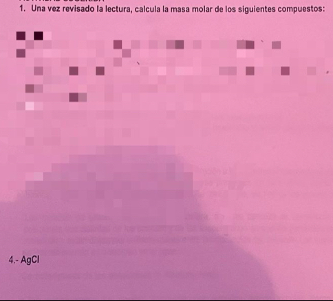 Una vez revisado la lectura, calcula la masa molar de los siguientes compuestos: 
4.- AgCl