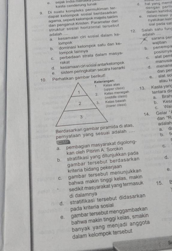 sejak India merdaka p
kasta cenderung lunak d. hal yang memil
9. Di suatu kompleks permukiman ter-  dengan peril 
dapat kelompok sosial berdasarkan dalam kehiðup
agama, seperti kelompok majelis taklim e. relasi-relasi y
dan penganut Kristen. Parameter dari nyatukan kek
struktur sosial horizontal tersebut sial pada sat
adalah .... 12. Salah satu fung
a. kesamaan ciri sosial dalam ke- adalah
lompok sarana per
b. dominasi kelompok satu dan ke- wajiban
Iompok lainnya
c. perbedaan strata dalam masya- b. penempa posisinya
rakat
d. kesamaan ciri sosial antarkelompok c. alat pem manusia
e. sister peringkatan secara hierarki d. menana
10. Perhatikan gambar berikut! dan per
e alat so
atau k
13. Kasta yan
(middle class) tentara di
a. Brah
(lower class) b. Kesa
c. Wai
14. Gelar "A
dan "R
adalah
pernyataan yang sesuai adalah .... a. d
b. f
HOTS
a. pembagian masyarakat digolong-
C.
kan oleh Pitirim A. Sorokin
b. stratifikasi yang ditunjukkan pada
gambar tersebut berdasarkan d.
kriteria bidang pekerjaan
c. gambar tersebut menunjukkan e.
bahwa makin tinggi kelas, makin
sedikit masyarakat yang termasuk 15. B
di dalamnya
d. stratifikasi tersebut didasarkan
pada kriteria sosial
e. gambar tersebut menggambarkan
bahwa makin tinggi kelas, smakin
banyak yang menjadi anggota
dalam kelompok tersebut
S