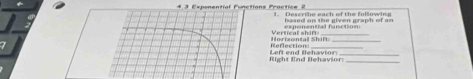 4.3 Exponential Functions Practice 2 
1. Describe each of the following 
based on the given graph of an 
exponential function: 
Vertical shift_ 
Horizontal Shift_ 
Reflection:_ 
Left end Behavior:_ 
Right End Behavior: 
_