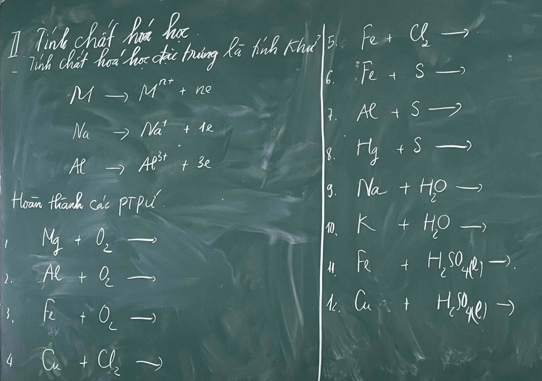 Tink chaf hat hat 
Tink chat hoa hckic huing Ri linh k-12k^3 5. Fe+Cl_2
16. Fe+S to
Mto M^(nr)+ne. Ae+Sto
Nato Na^++Ie
Alto Al^(3+)+3e
18. Hg+sto
Hoān thanh cac pīpú 
9. Na+H_2O
Mg+O_2to
10. K+H_2O -
2. Al+O_2 -
Fe+H_2SO_4(l)to
1. sqrt(2)+0_2
Ae. Cu+H_2SO_4(g)to
4 Cu+Cl_2 = -