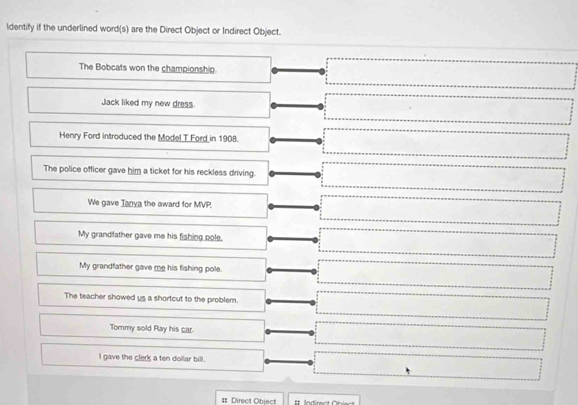 ldentify if the underlined word(s) are the Direct Object or Indirect Object. 
The Bobcats won the championship. 
Jack liked my new dress. 
Henry Ford introduced the Model T Ford in 1908. 
The police officer gave him a ticket for his reckless driving. 
We gave Tanya the award for MVP. 
My grandfather gave me his fishing pole. 
My grandfather gave me his fishing pole. 
The teacher showed us a shortcut to the problem. 
Tommy sold Ray his car. 
I gave the clerk a ten dollar bill. 
#= Direct Object # Indirec t Obien