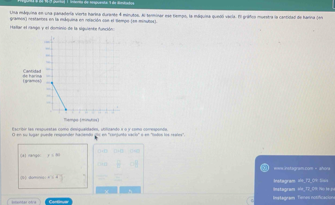 Pegunta 9 de 16 (1 punto) | Intento de respuesta: 1 de ilimitados 
Una máquina en una panadería vierte harina durante 4 minutos. Al terminar ese tiempo, la máquina quedó vacía. El gráfico muestra la cantidad de harina (en 
gramos) restantes en la máquina en relación con el tiempo (en minutos). 
Hallar el rango y el dominio de la siguiente función: 
Escribir las respuestas como desigualdades, utilizando x o y como corresponda. 
O en su lugar puede responder haciendo clic en "conjunto vacío" o en "todos los reales". 
(a) rango: y≤ 80
 □ /□  
www.instagram.com · ahora 
(b) dominio: x≤ 4
Instagram ale_72_09: Sisis 
 Instagram ale_72_09: No te pa 
Intentar otra Continuar Instagram Tienes notificacion 
G