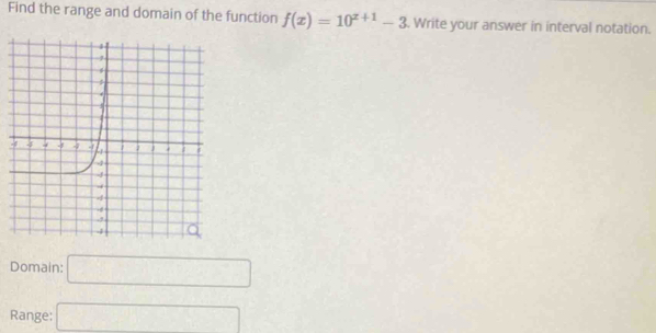 Find the range and domain of the function f(x)=10^(x+1)-3. Write your answer in interval notation.
Domain: □ 
Range: □