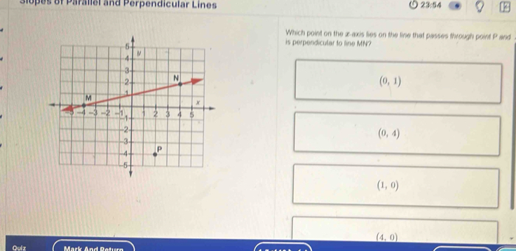 Slopes of Parallel and Perpendicular Lines 23:54
Which point on the x-axis lies on the line that passes through point P and
is perpendicular to line MN?
(0,1)
(0,4)
(1,0)
(4,0)
Quiz Mark And Return