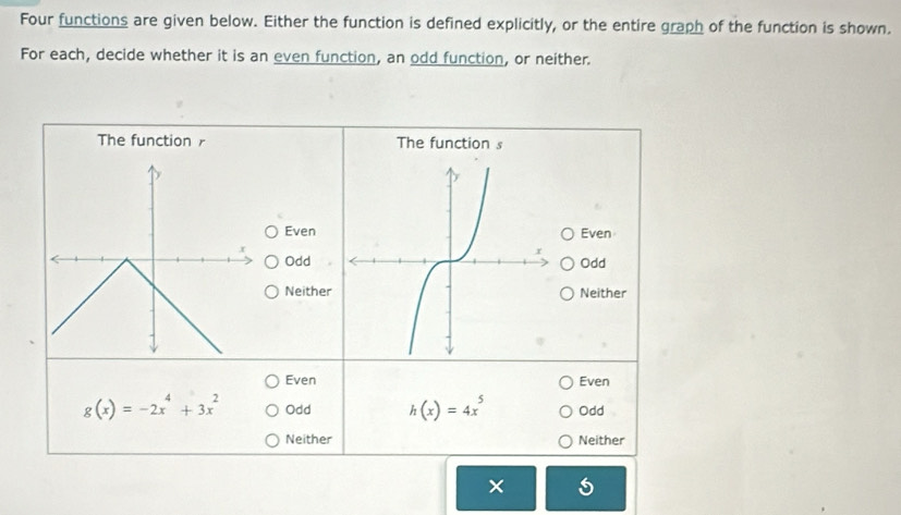 Four functions are given below. Either the function is defined explicitly, or the entire graph of the function is shown.
For each, decide whether it is an even function, an odd function, or neither.
The function The function s
EvenEven
OddOdd
NeitherNeither
Even Even
g(x)=-2x^4+3x^2 Odd h(x)=4x^5 Odd
Neither Neither
×