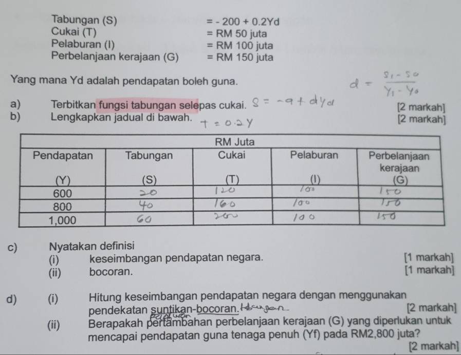 Tabungan (S) =-200+0.2Yd
Cukai (T) =RM50juta
Pelaburan (I) =RM100juta
Perbelanjaan kerajaan (G) =RM150juta
Yang mana Yd adalah pendapatan boleh guna. 
a) Terbitkan fungsi tabungan selepas cukai. [2 markah] 
b) Lengkapkan jadual di bawah. [2 markah] 
c) Nyatakan definisi 
(i) keseimbangan pendapatan negara. [1 markah] 
(ii) bocoran. [1 markah] 
d) (i) Hitung keseimbangan pendapatan negara dengan menggunakan 
pendekatan suntikan-bocoran. [2 markah] 
(ii) Berapakah pertambahan perbelanjaan kerajaan (G) yang diperlukan untuk 
mencapai pendapatan guna tenaga penuh (Yf) pada RM2,800 juta? 
[2 markah]