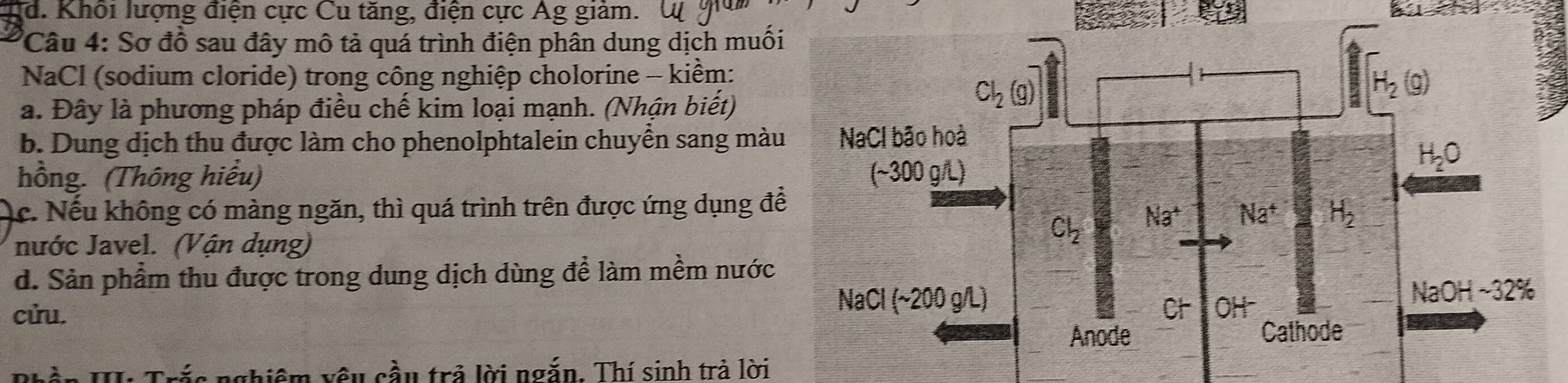 d. Khối lượng điện cực Cu tăng, điện cực Ág giảm.
*Câu 4: Sơ đồ sau đây mô tả quá trình điện phân dung dịch muối
NaCl (sodium cloride) trong công nghiệp cholorine - kiểm:
a. Đây là phương pháp điều chế kim loại mạnh. (Nhận biết)
Cl_2(g)
H_2(g)
b. Dung dịch thu được làm cho phenolphtalein chuyền sang màu NaCl bão hoà
H_2O
hồng. (Thông hiểu) (sim 300g/L)
c. Nếu không có màng ngăn, thì quá trình trên được ứng dụng đề
nước Javel. (Vận dụng)
Cl_2 Na^+ Na^+ H_2
d. Sản phẩm thu được trong dung dịch dùng để làm mềm nước
cửu.
NaCl(sim 200g/L)
NaOH~ 32°
C+ OH
Anode Cathode
* I Trắc nghiêm vêu cầu trả lời ngắn. Thí sinh trả lời