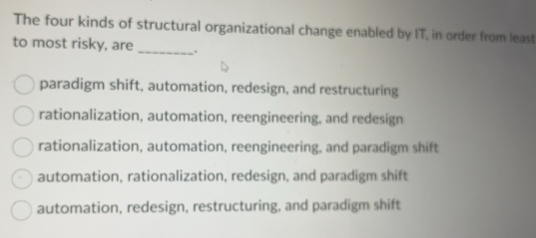 Solved: The four kinds of structural organizational change enabled by ...