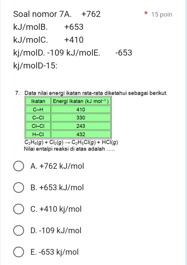 Soal nomor 7A. +762 15 poin
kJ/molB. +653
kJ/molC. +410
kj/molD. -109 kJ/molE. -653
kj/molD-15:
7. Data nilai energi ikatan rata-rata diketahui sebagai berikut.
C_2H_6(g)+Cl_2(g)to C_2H_5Cl(g)+HCl(g)
Nilai entalpi reaksi di atas adalah …..
A. +762 kJ/mol
B. +653 kJ/mol
C. +410 kj/mol
D. -109 kJ/mol
E. -653 kj/mol