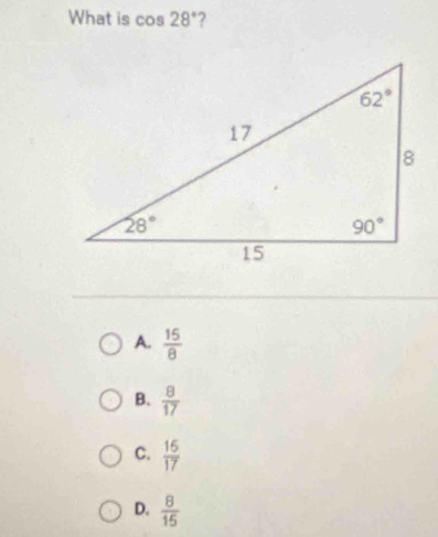 What is cos 28° 2
A.  15/8 
B.  8/17 
C.  15/17 
D.  8/15 