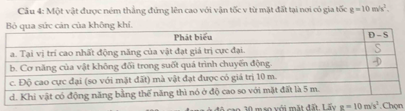 Một vật được ném thẳng đứng lên cao với vận tốc v từ mặt đất tại nơi có gia tốc g=10m/s^2..
30 mso với mặt đất. Lấyn