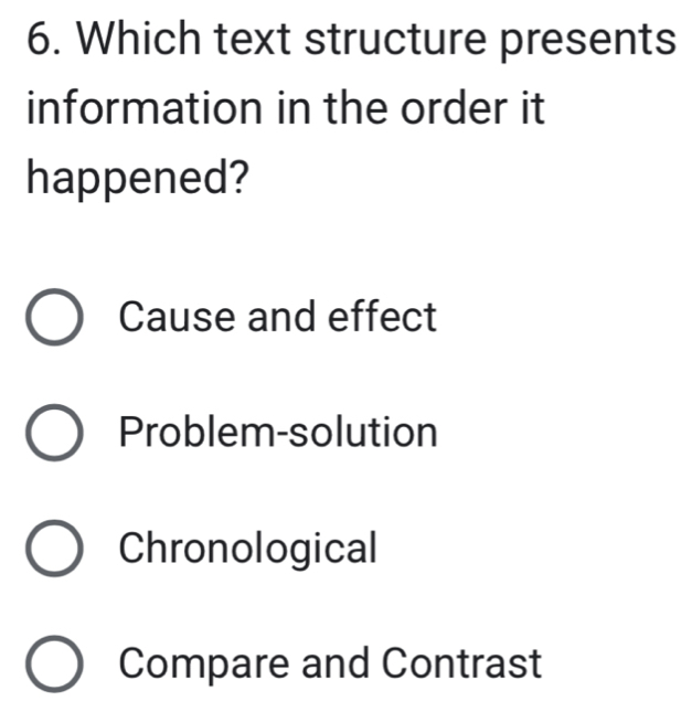 Which text structure presents
information in the order it
happened?
Cause and effect
Problem-solution
Chronological
Compare and Contrast