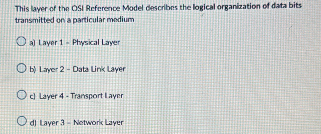 Solved: This layer of the OSI Reference Model describes the logical ...