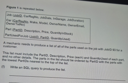 Figure 1 is repeated below. 
Job (JobiD, CarRegNo, JobDate, InGarage, JobDuration) 
Car (CarRegNo, Make, Model, OwnerName, OwnerEmail, 
OwnerTelNo) 
Part (PartiD. Description, Price, QuantityInStock) 
PartUsedForJob (JoblD. PartlD. QuantityUsed) 
A mechanic needs to produce a list of all of the parts used on the job with JoblD 93 for a 
customer. 
This list must include the PartID, Description, Price (each) and QuantityUsed of each part. 
and no other details. The parts in the list should be ordered by Part!D with the parts with 
the lowest PartIDs nearest to the top of the list. 
(f) Write an SQL query to produce the list. 
_