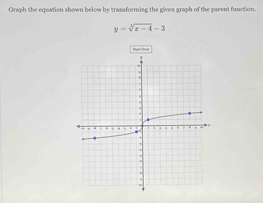 Graph the equation shown below by transforming the given graph of the parent function.
y=sqrt[3](x-4)-3
Start Over