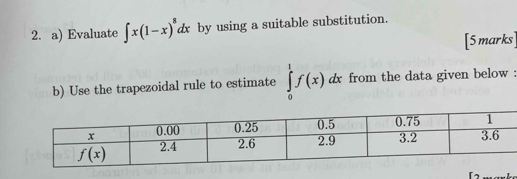 Evaluate ∈t x(1-x)^8a dx by using a suitable substitution.
[5marks]
b) Use the trapezoidal rule to estimate ∈tlimits _0^1f(x)dx from the data given below :