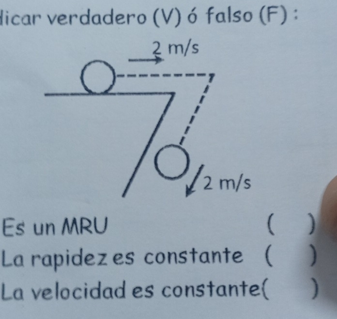 dicar verdadero (V) ó falso (F):
2 m/s
a
2 m/s
Es un MRU  .  
La rapidezes constante ( ) 
La velocidad es constante )