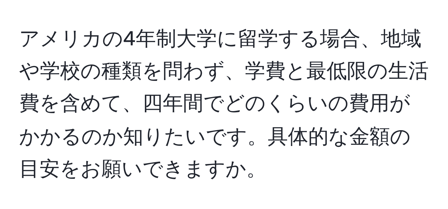 アメリカの4年制大学に留学する場合、地域や学校の種類を問わず、学費と最低限の生活費を含めて、四年間でどのくらいの費用がかかるのか知りたいです。具体的な金額の目安をお願いできますか。