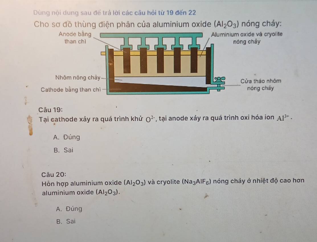 Dùng nội dung sau để trả lời các câu hỏi từ 19 đến 22
Cho sơ đồ thùng điện phân của aluminium oxide (AI_2O_3) nóng chảy:
Câu 19:
Tại cathode xảy ra quá trình khử O^(2-) , tại anode xảy ra quá trình oxi hóa ion Al^(3+)·
A. Đúng
B. Sai
Câu 20:
Hỗn hợp aluminium oxide (AI_2O_3) và cryolite (Na_3AlF_6) nóng chảy ở nhiệt độ cao hơn
aluminium oxide (AI_2O_3).
A. Đúng
B. Sai