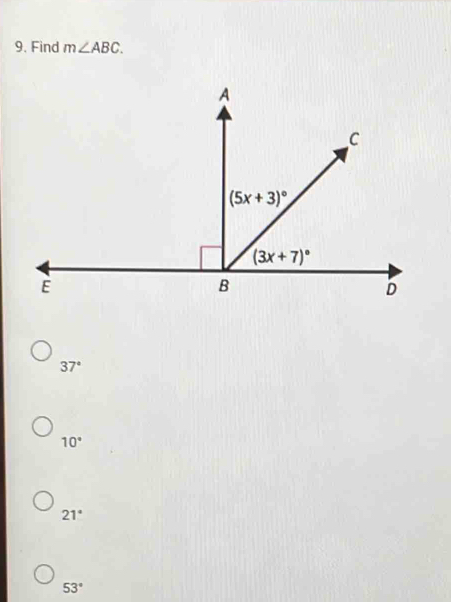 Find m∠ ABC.
37°
10°
21°
53°