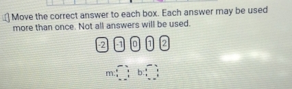 Move the correct answer to each box. Each answer may be used 
more than once. Not all answers will be used.
-2 -1 0 1 2
m:?b:_ 