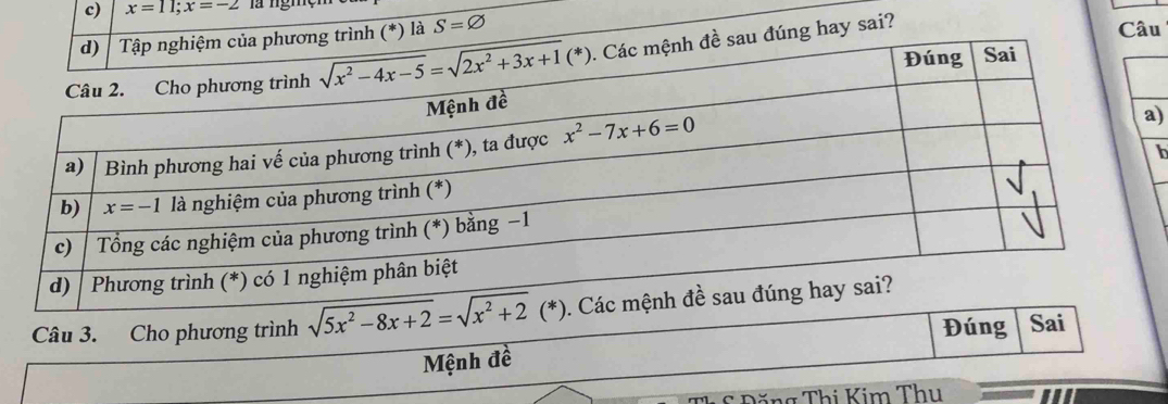 x=11;x=-2 là ngm
S=varnothing âu
hay sai?
)
h
Câu 3. Cho phương trình sqrt(5x^2-8x+2)=sqrt(x^2+2)(*)
Đúng Sai
Mệnh đề
* Đăng Thị Kim Thu