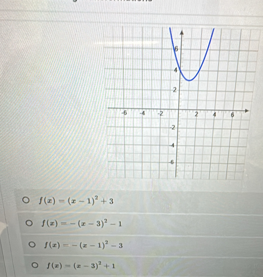 f(x)=(x-1)^2+3
f(x)=-(x-3)^2-1
f(x)=-(x-1)^2-3
f(x)=(x-3)^2+1