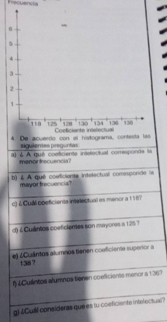 Frecuencia 
sigulentes preguntas: 
a) é A qué coeficiente intelectual corresponde la 
menor frecuencia? 
b) & A qué coeficiente intelectual corresponde la 
mayor frecuencia? 
c) ¿ Cuál coeficiente intelectual es menor a 118? 
d) ¿ Cuántos coeficientes son mayores a 125 ? 
e) ¿Cuántos alumnos tienen coeficiente superior a
138 ? 
f) ¿Cuántos alumnos tienen coeficiente menor a 136? 
g) ¿Cuál consideras que es tu coeficiente intelectual?