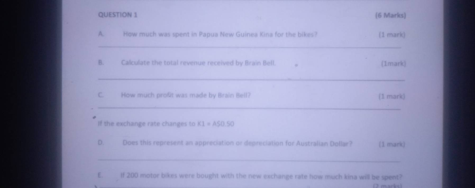 How much was spent in Papua New Guinea Kina for the bikes? (1 mark) _ B.  Calculate the t [Business]