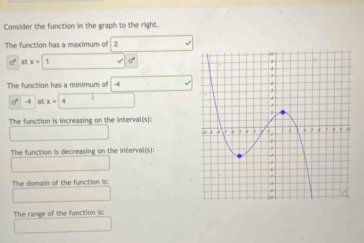 Consider the function in the graph to the right. 
The function has a maximum of 2
sigma^4 at x= 1 sigma^4
The function has a minimum of -4

sigma^4 -4 at x= overline y
The function is increasing on the interval(s): 
The function is decreasing on the interval(s): 
The domain of the function is: 
The range of the function is: