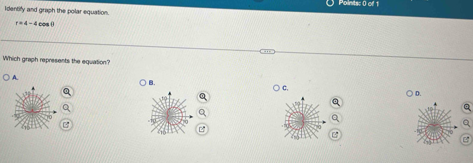 Identify and graph the polar equation.
r=4-4cos θ
Which graph represents the equation?
A.
B.
C.
D.